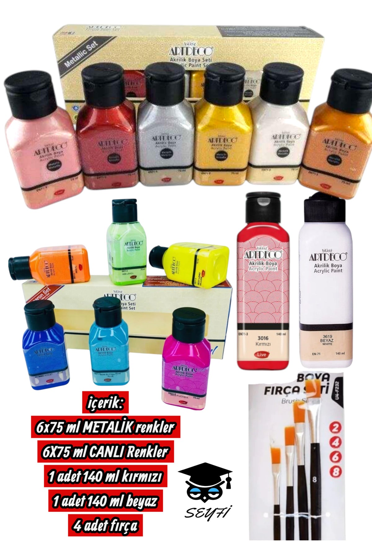 6x75 ml METALİK renkler 6X75 ml CANLI Renkler 1 adet 140 ml kırmızı 1 adet 140 ml beyaz 4 adet fırça