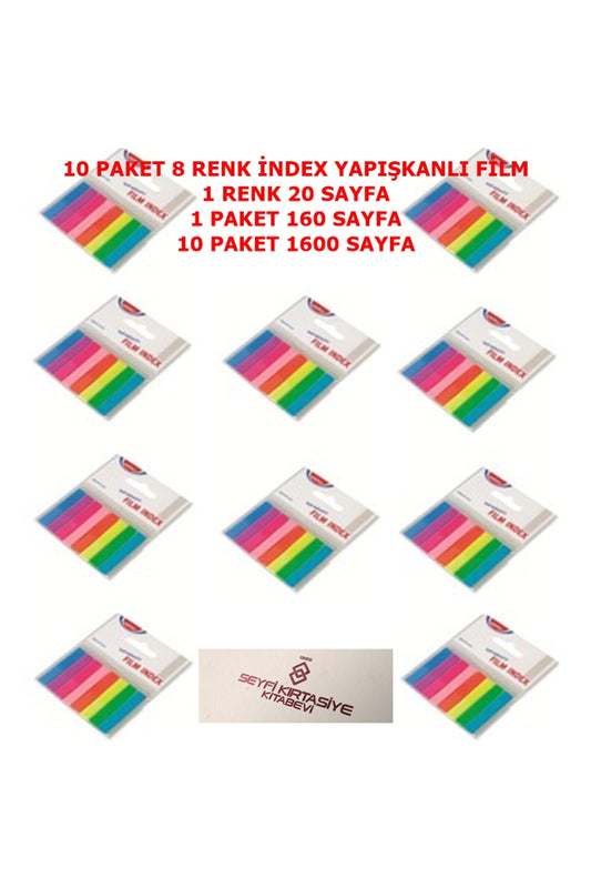 10 PAKET Plastik şeffaf İndex Film İşaret Bantı 8 Renk x 20 şer adetX 10 PAKET 1600 PARÇALI