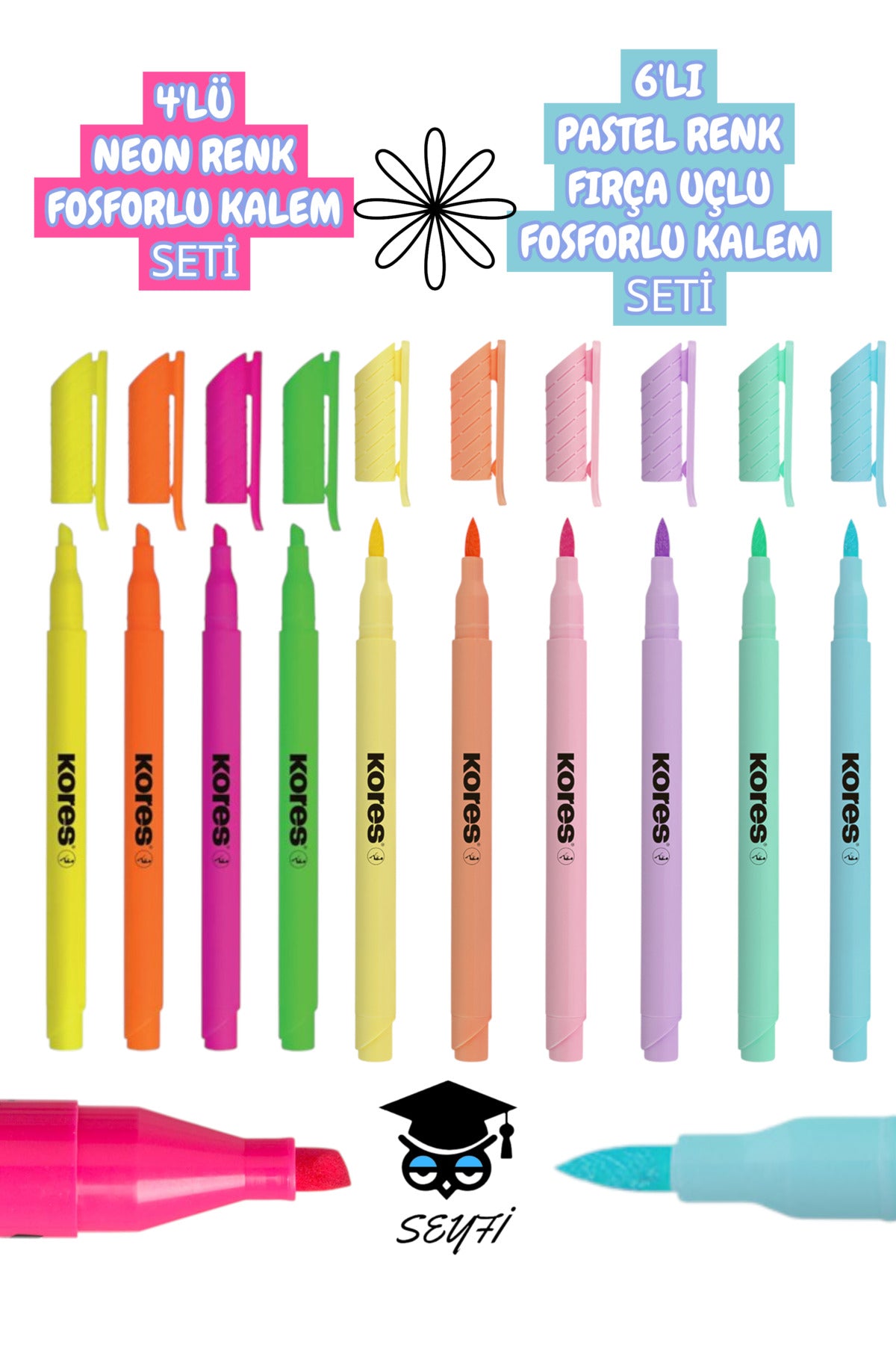 6'LI PASTEL FIRÇA UÇLU VE 4'LÜ NEON RENK FOSFORLU KALEM SETİ KORES