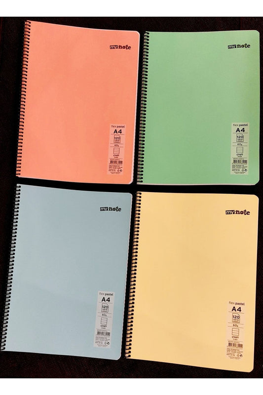 4 Adet Pastel Renk 120 Yaprak Çizgili Telli A4 Büyük Boy Defter 60gr Beyaz Kağıt