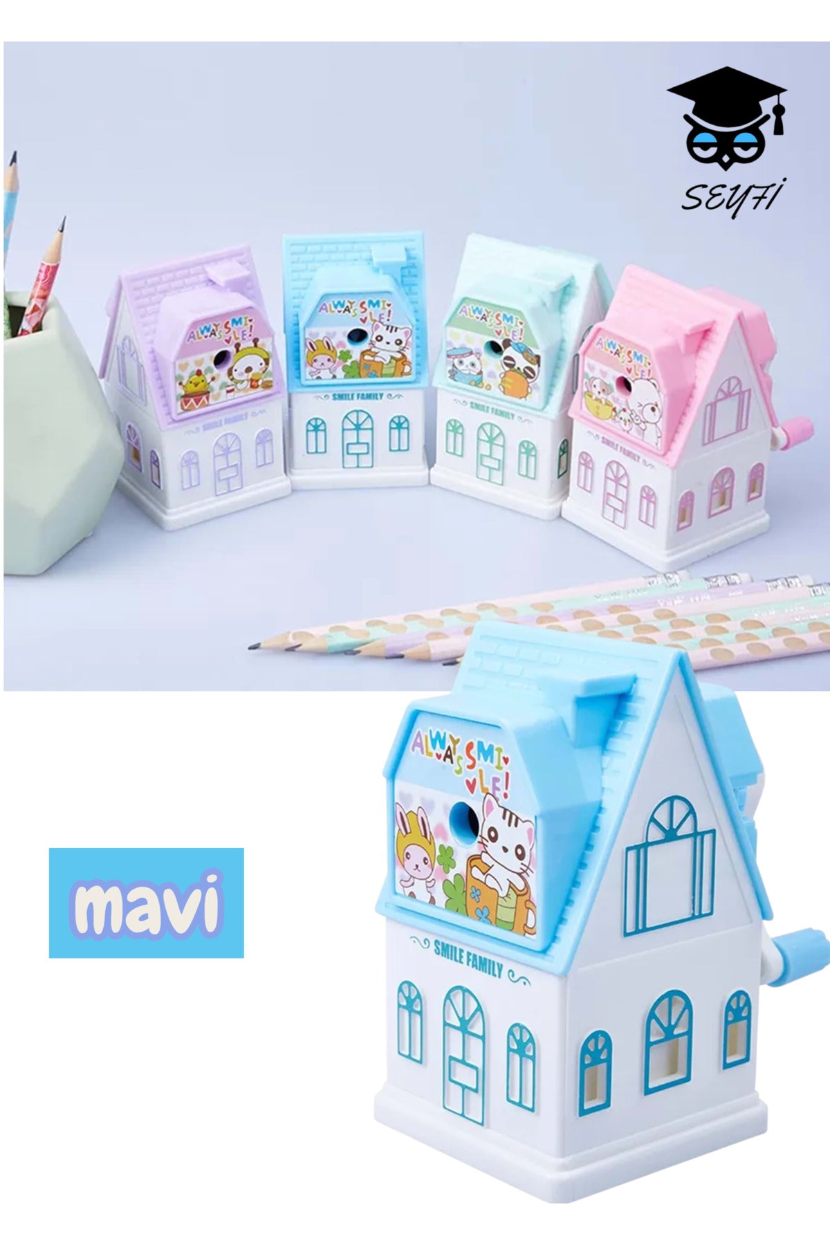 KOLLU KALEMTRAŞ EV MODEL FİGÜRLÜ MASAÜSTÜ KALEMTRAŞ