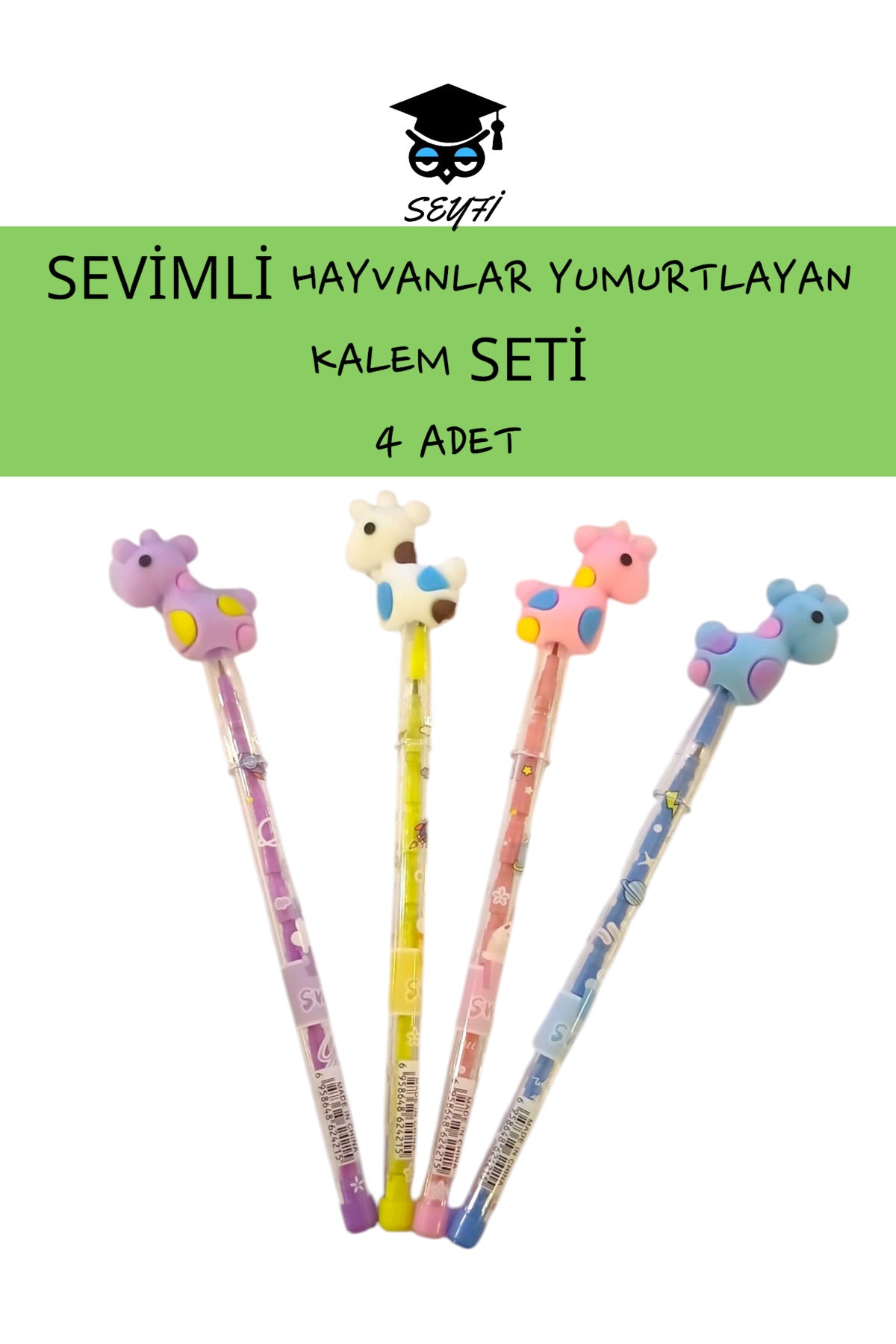 YUMURTLAYAN KALEM SETİ SEVİMLİ HAYVANLAR 4 ADET