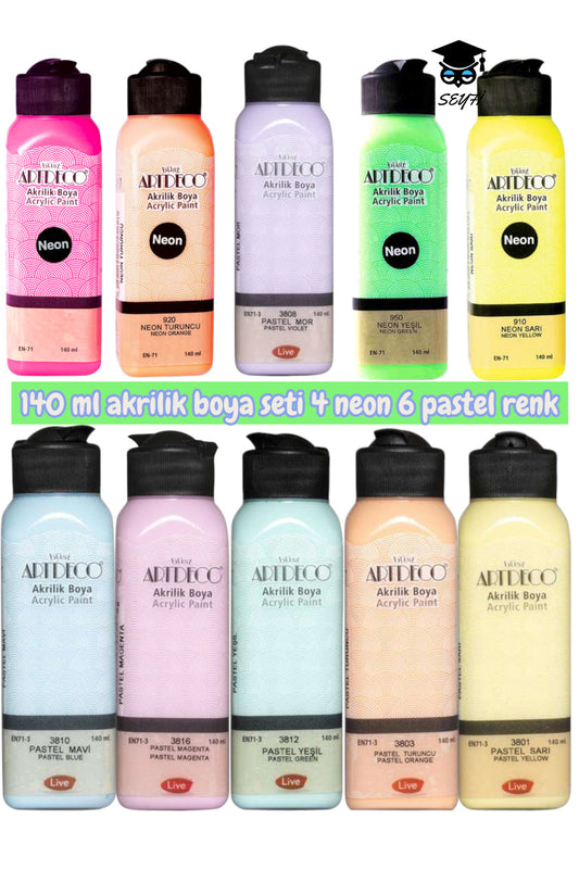 140 ml akrilik boya seti 4 neon 6 pastel renk artdeco 10 adet