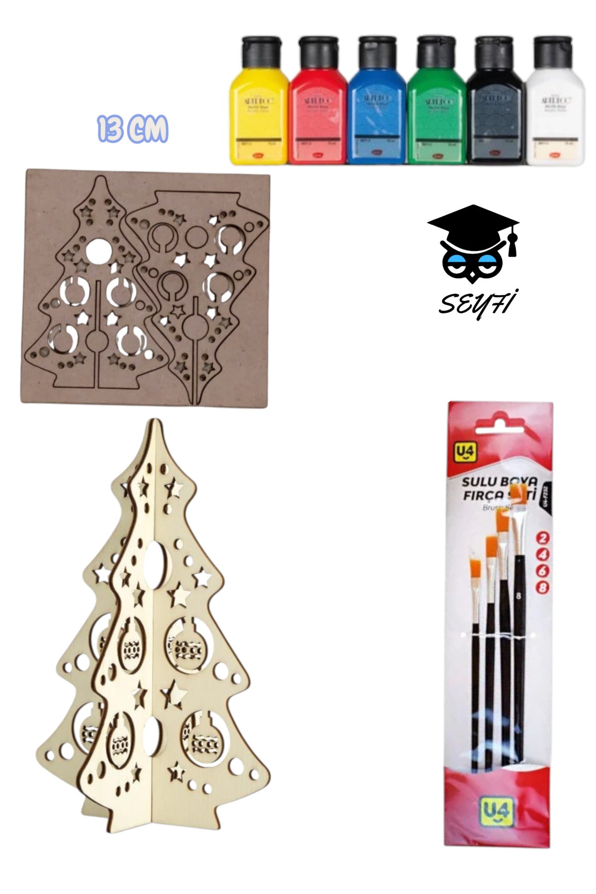 ahşap boyama parçalar yılbaşı özel 6x75 ml akrilik boya ve 4 adet fırça ile