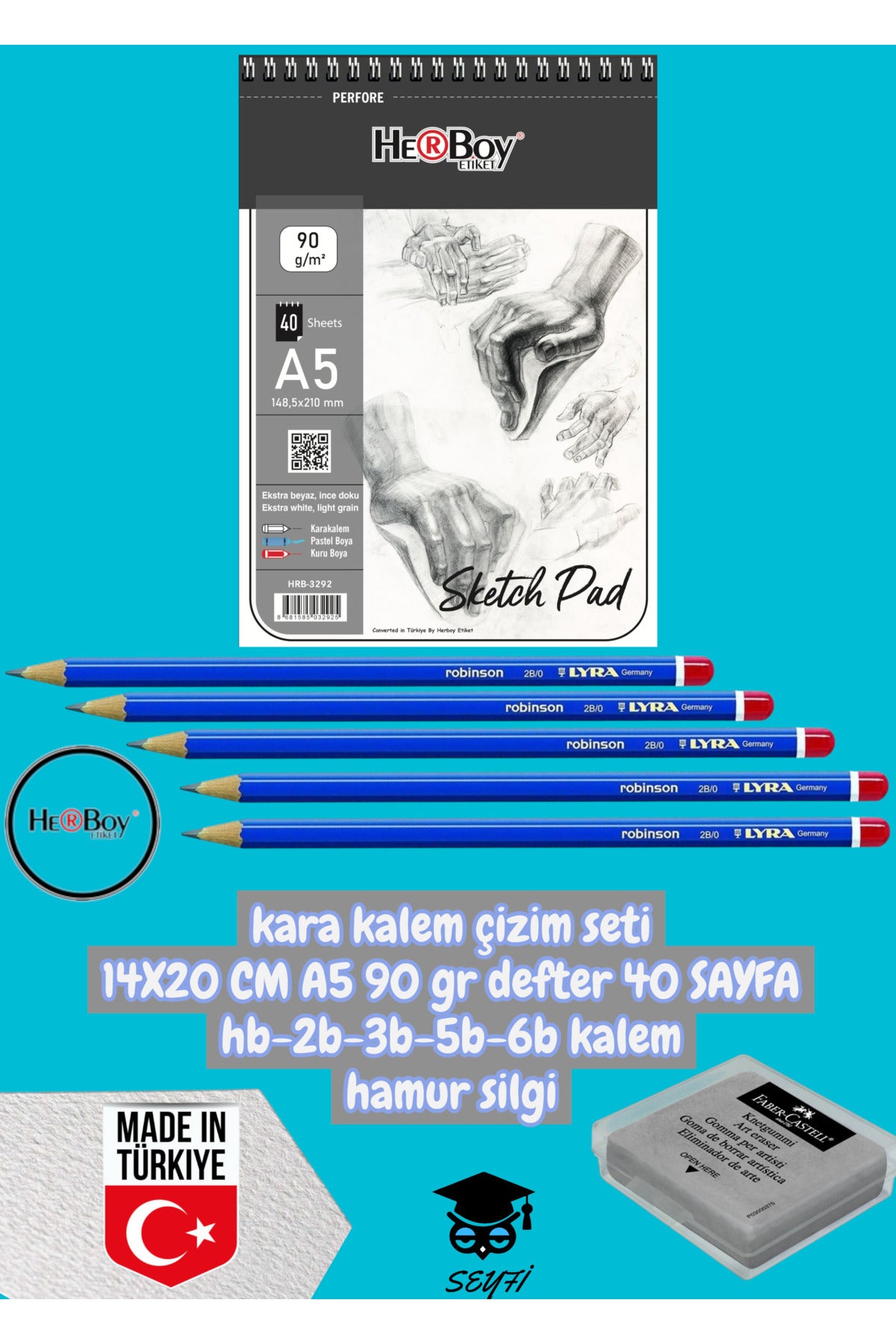 kara kalem çizim seti 14X20 CM A5 90 gr defter 40 SAYFA hb-2b-3b-5b-6b kalem hamur silgi herboy