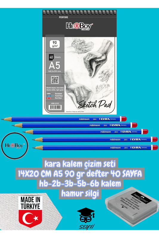 kara kalem çizim seti 14X20 CM A5 90 gr defter 40 SAYFA hb-2b-3b-5b-6b kalem hamur silgi herboy
