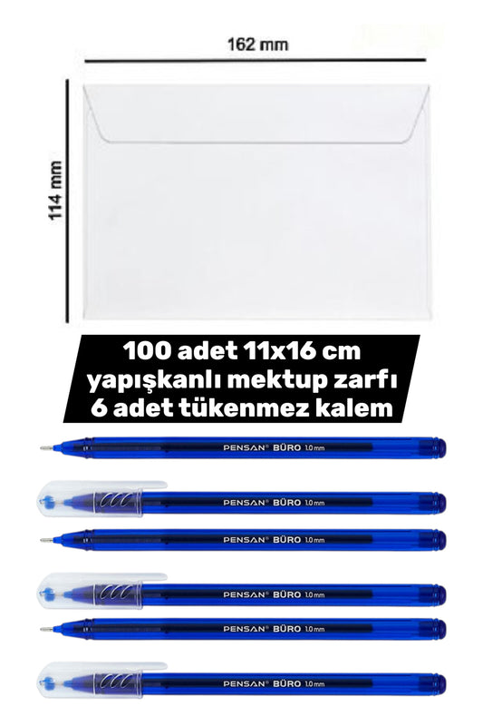 100 adet 11x16 cm yapışkanlı mektup zarfı 6 adet tükenmez kalem Türk Malı Yerli üretim