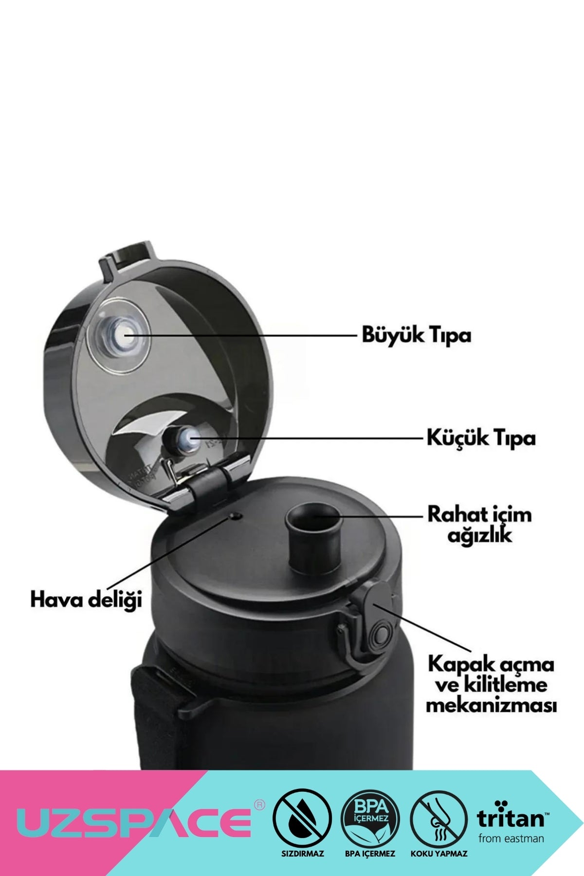 1500ml Yeni Çift Renkli Sızdırmaz BPA İçermez Kilitlenebilir Kapaklı Motivasyonel Tritan Su Matarası