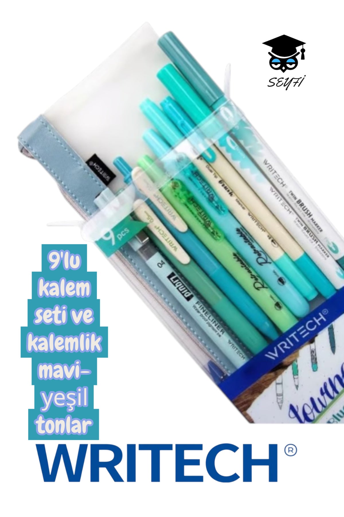 writech 9'lu kalem seti tükenmez kalem seti jel kalem fosforlu kalem fırça uçlu kalem çift taraflı