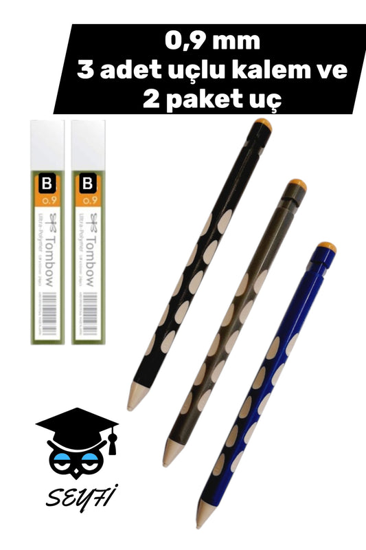 0,9 mm 3 adet uçlu kalem ve 2 paket uç kalemler plastik gövdelidir