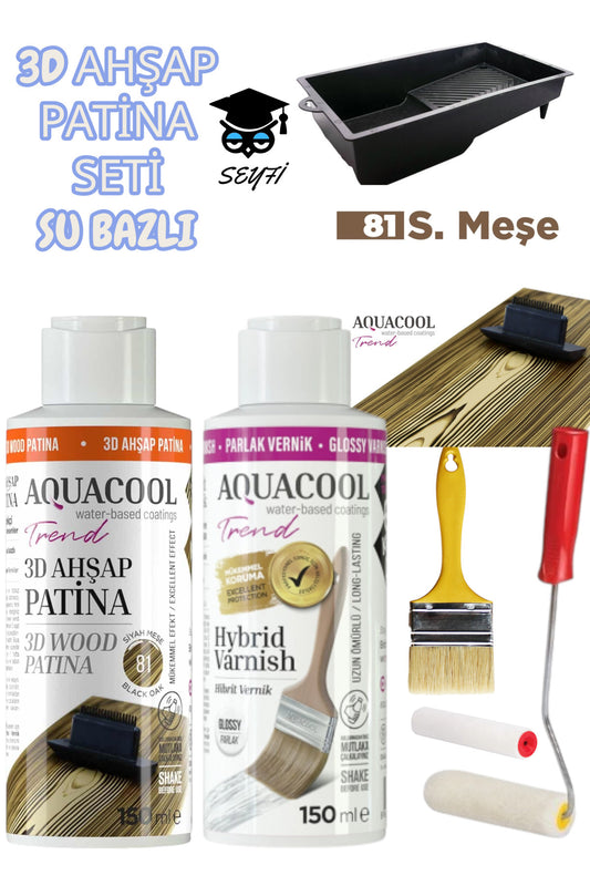 3d ahşap patina seti su bazlı 150 ml- parlak vernik 150 ml - boya tavası fırça rulo doku tarağı seti