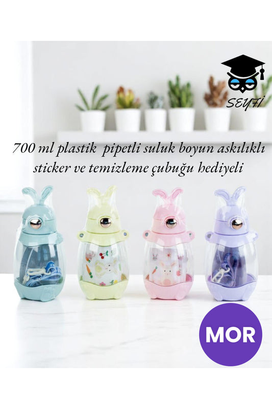 700 ml plastik pipetli suluk boyun askılıklı sticker ve temizleme çubuğu hediyeli
