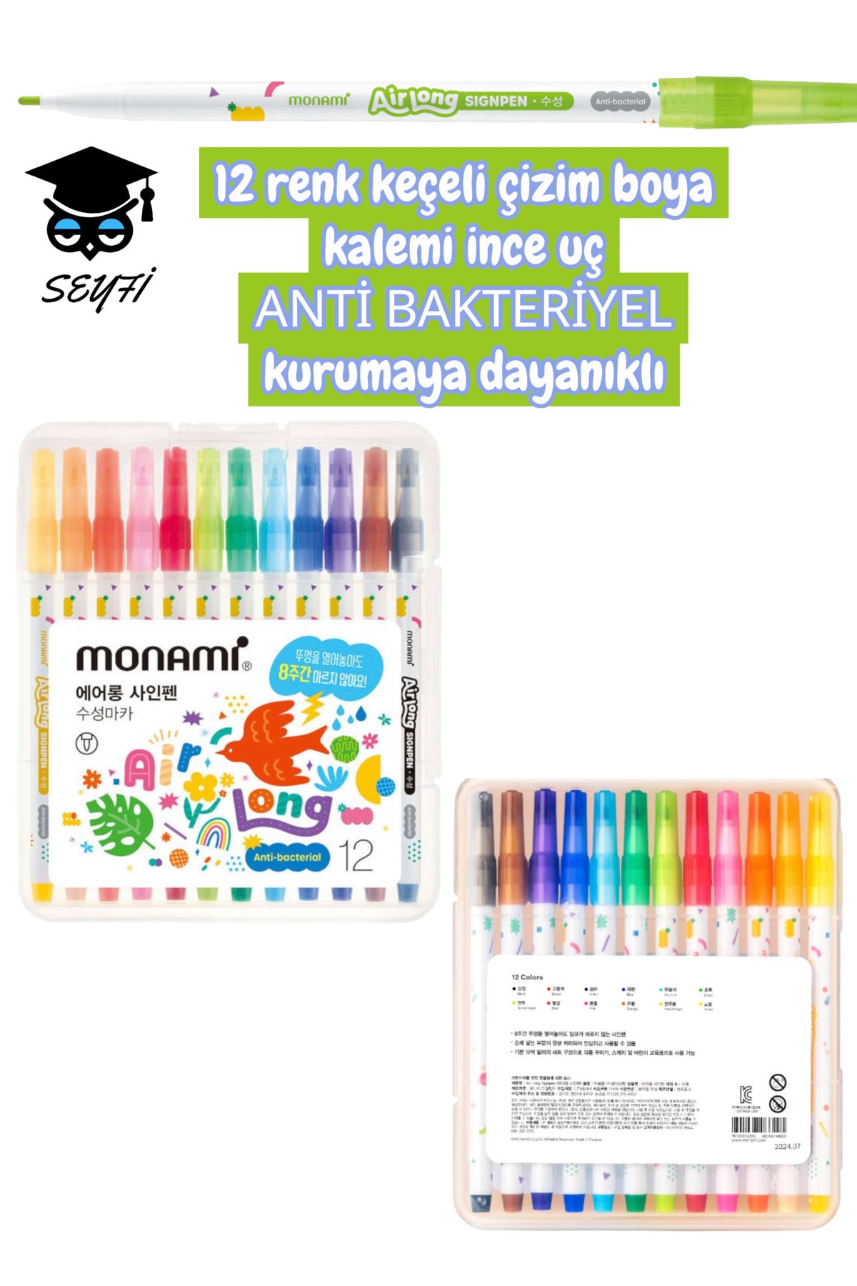 monami 12 renk keçeli çizim boya kalemi ince uç kurumaya dayanıklı
