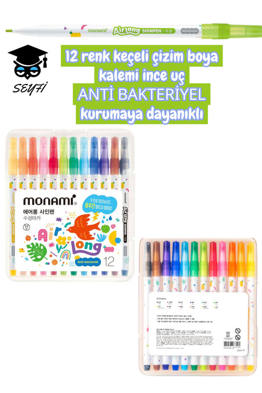 monami 12 renk keçeli çizim boya kalemi ince uç kurumaya dayanıklı