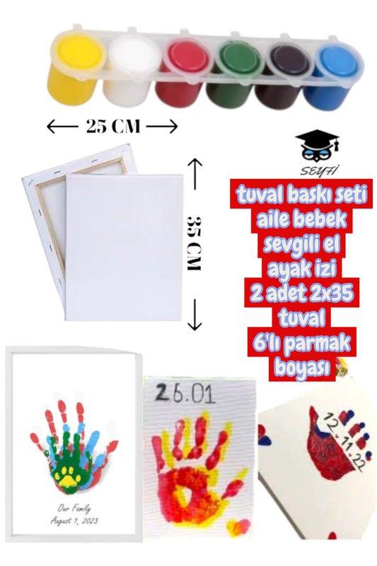 tuval baskı seti aile sevgili bebek ilk el izi 2 adet 25x35 tuval 6 renk parmak boya