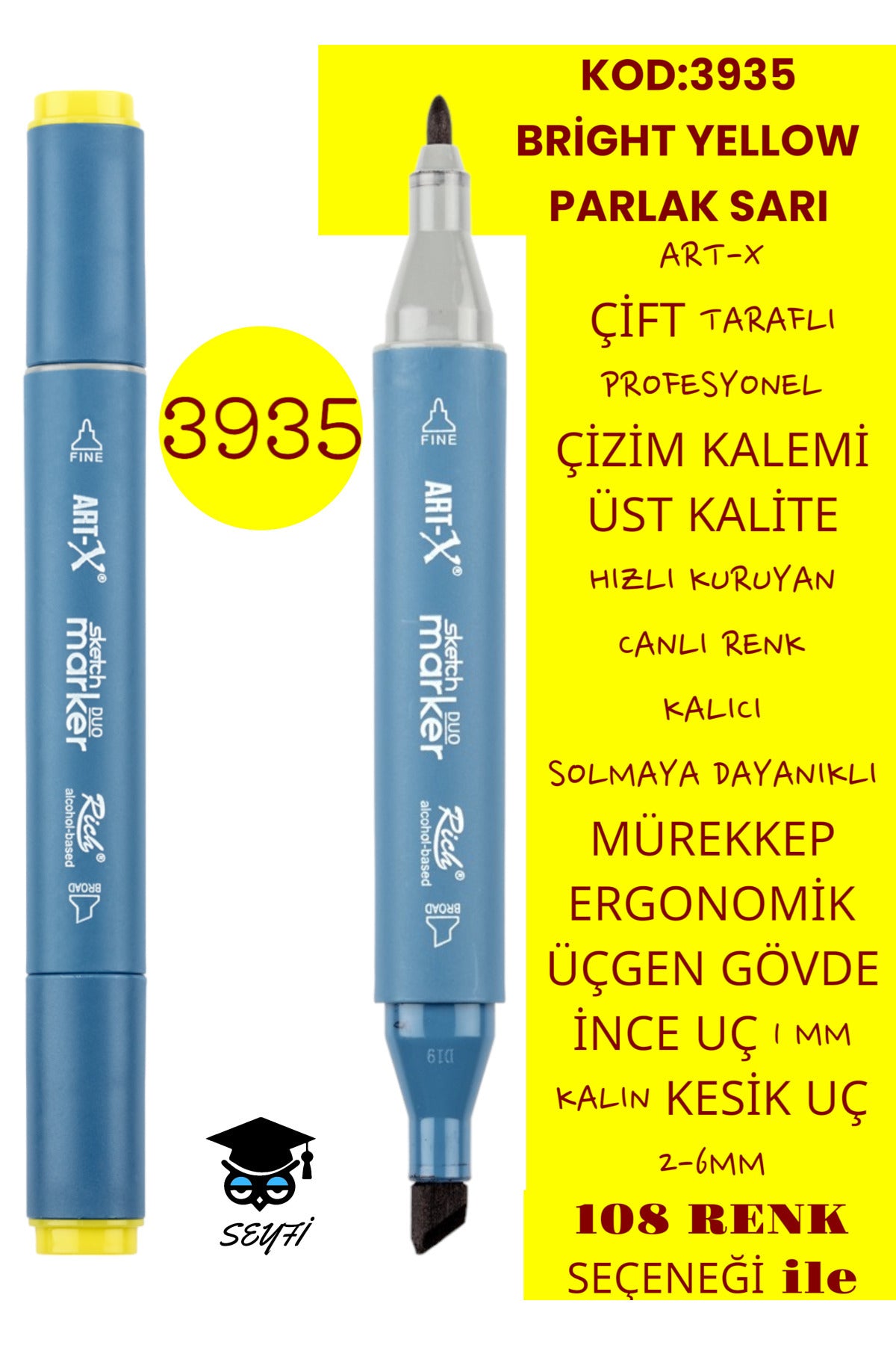 ÇİFT TARAFLI PROFESYONEL ÇİZİM KALEMİ KALICI MÜREKKEP ÜÇGEN GÖVDE İNCE UÇ 1 MM KESİK UÇ 2-6MM SKETCH