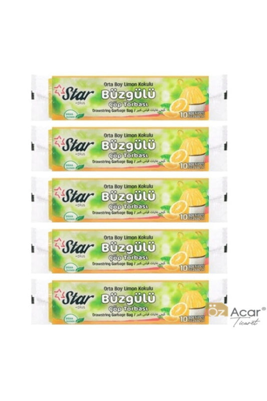 Büzgülü Orta Boy Çöp Torbası 5 Paket Limon Kokulu 55x60 Cm