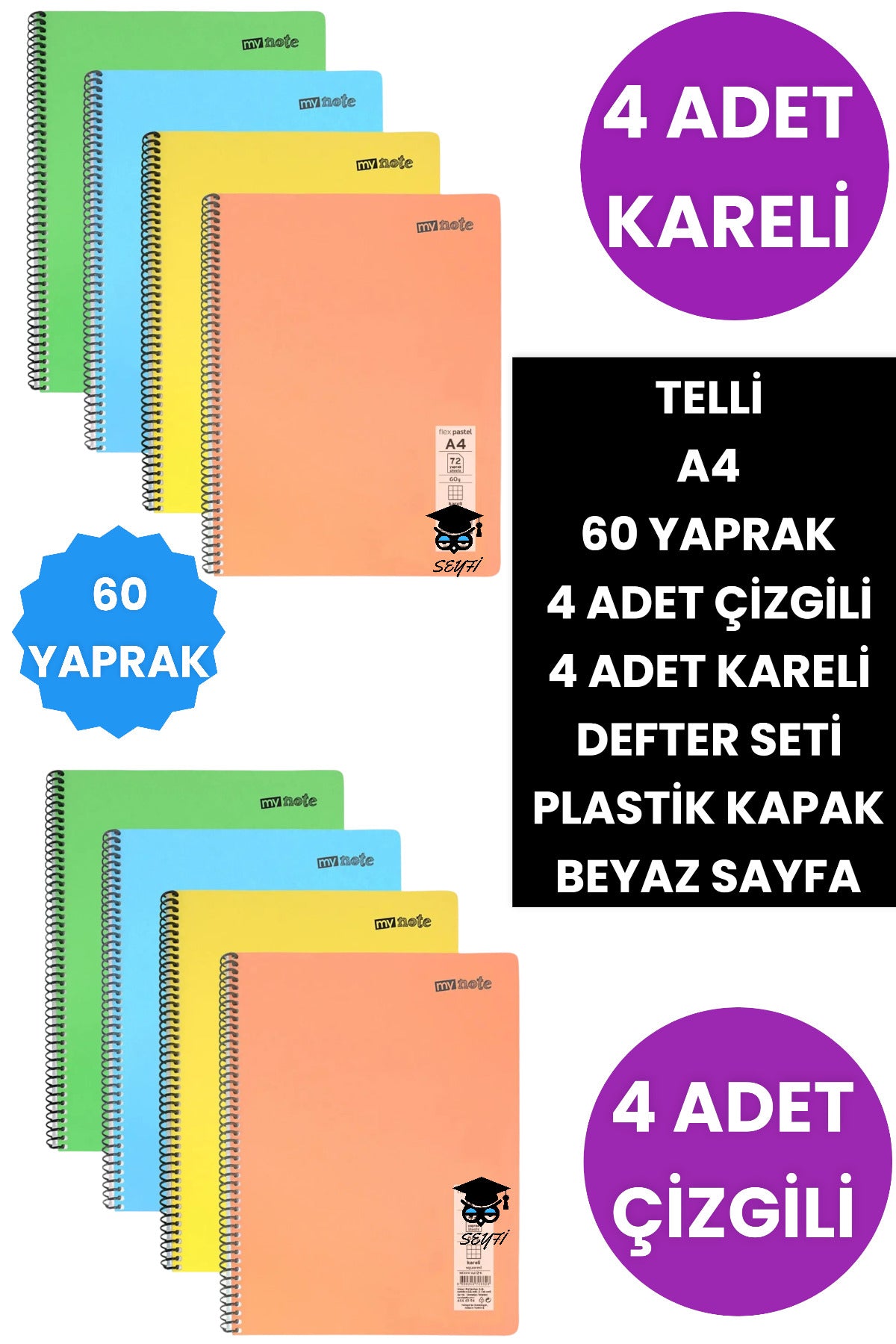 8 adet telli 60 yaprak defter seti 4 adet kareli 4 adet çizgili Plastik kapak