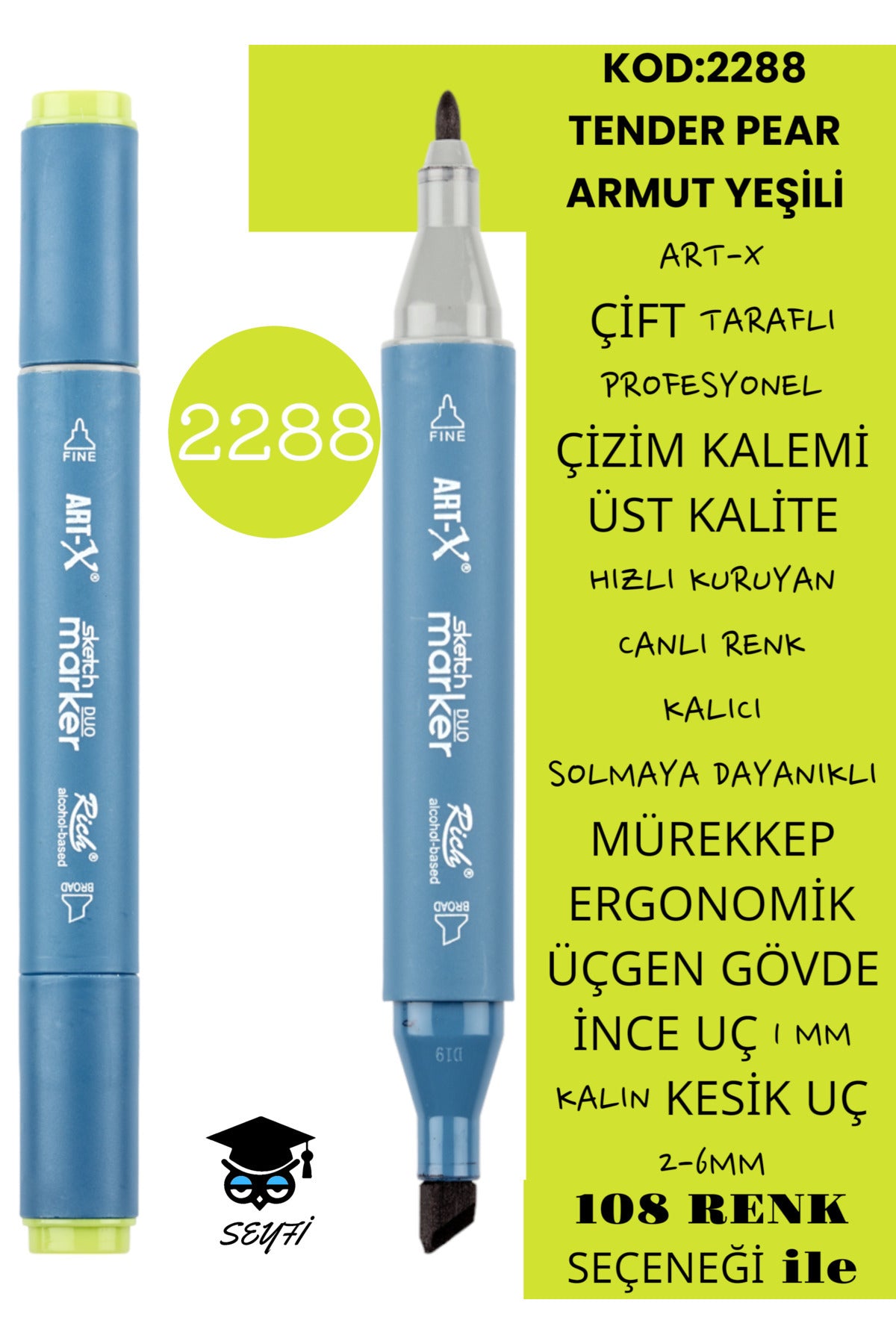 ÇİFT TARAFLI PROFESYONEL ÇİZİM KALEMİ KALICI MÜREKKEP ÜÇGEN GÖVDE İNCE UÇ 1 MM KESİK UÇ 2-6MM SKETCH