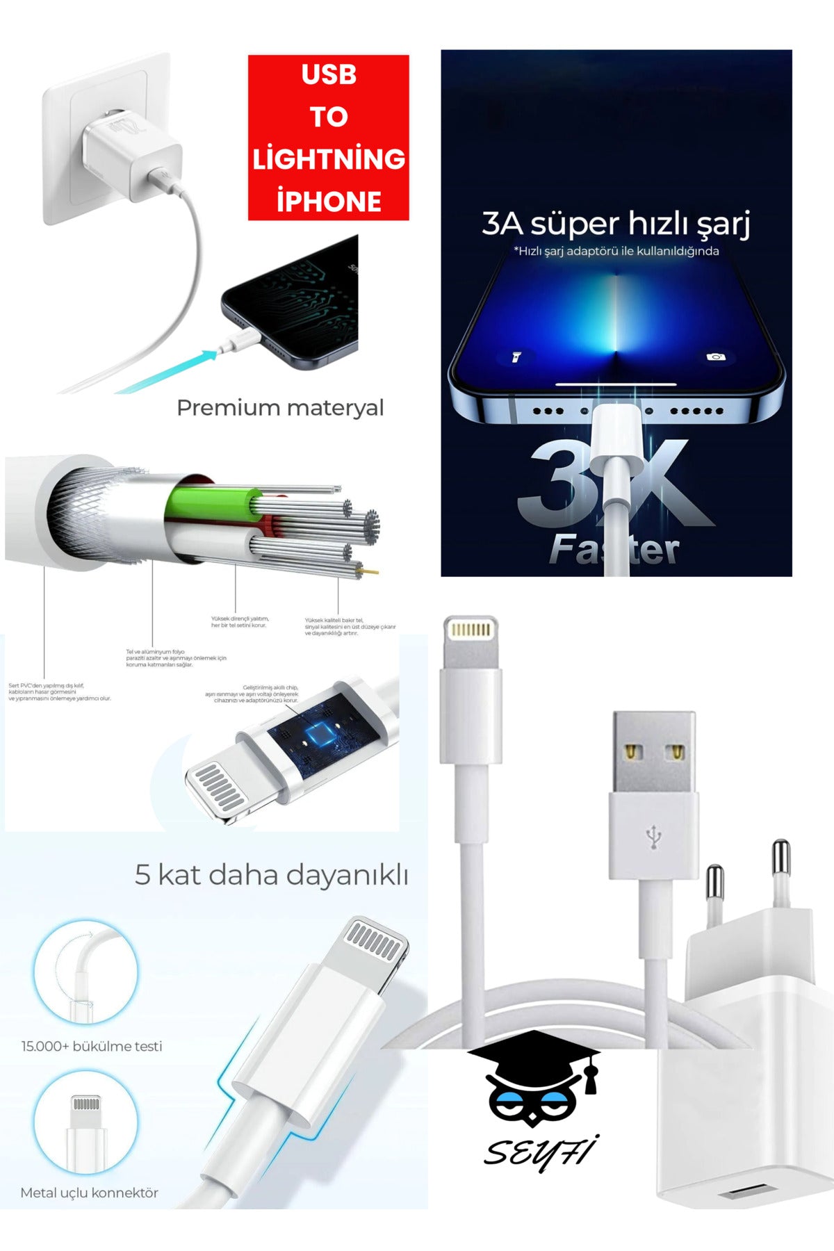 USB - LİGHTNİNG iphone ipad şarj aleti adaptör ve 1 metre kablo 3 A AC 110-240V