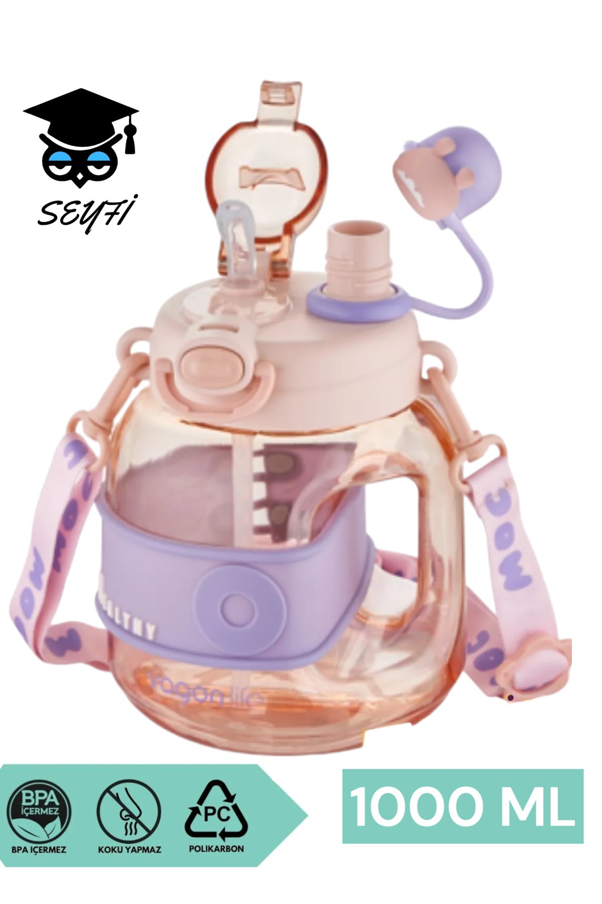 1000 ML Tek Kapak Çift Kullanım Pipetli /Rahat İçim Boyun Askılı Çocuk Su Matarası suluk vagonlife