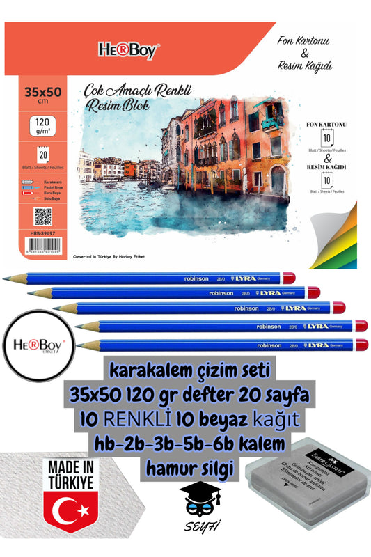 karakalem çizim seti 35x50 120 gr defter 20 sayfa 10 RENK 10 beyaz kağıt hb-2b-3b-5b-6b kalem herboy