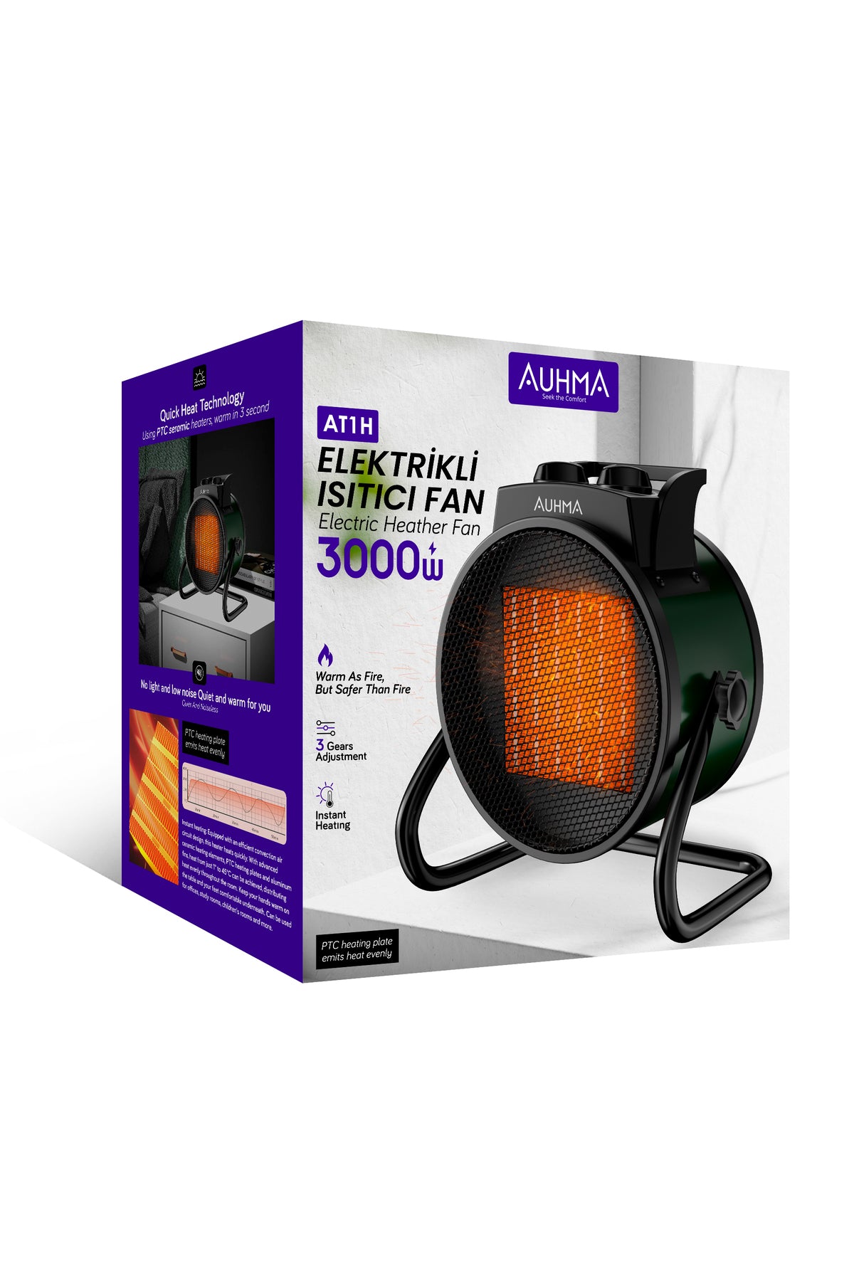 AT1H Elektrikli Isıtıcı Fan Yeşil | 3000W Hızlı Isınma, 3 Kademeli Ayar, Sessiz PTC Isıtma Tek