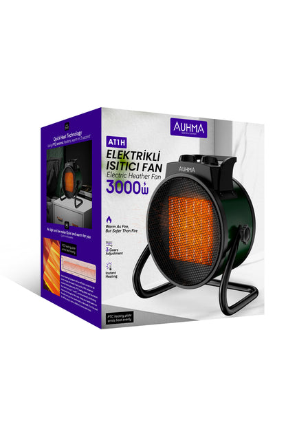AT1H Elektrikli Isıtıcı Fan Yeşil | 3000W Hızlı Isınma, 3 Kademeli Ayar, Sessiz PTC Isıtma Tek