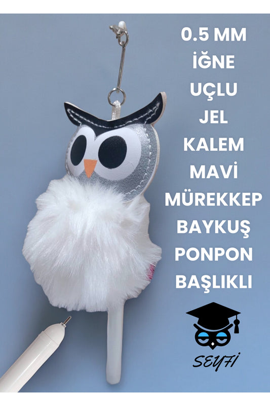 0.5 MM İĞNE UÇLU JEL TÜKENMEZ KALEM MAVİ MÜREKKEP BAYKUŞ PONPON BAŞLIKLI