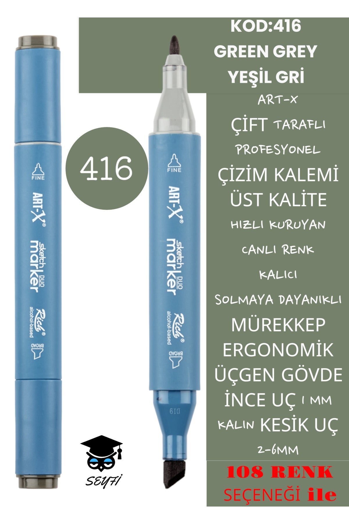 ÇİFT TARAFLI PROFESYONEL ÇİZİM KALEMİ KALICI MÜREKKEP ÜÇGEN GÖVDE İNCE UÇ 1 MM KESİK UÇ 2-6MM SKETCH