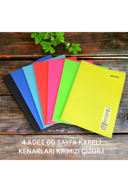 4 ADET A4 60 YAPRAK KARELİ DİKİŞLİ NEON RENKLER PLASTİK KAPAK DEFTER 60GR BEYAZ SAYFA (KARMA RENK)