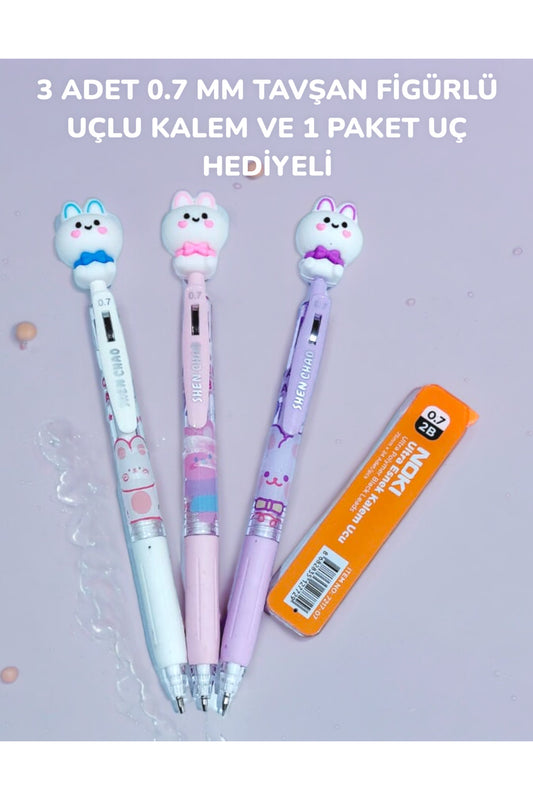 3 ADET 0.7 MM TAVŞAN FİGÜRLÜ UÇLU KALEM VE 1 PAKET UÇ HEDİYELİ
