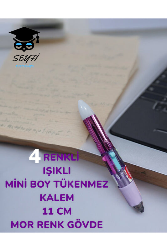 4 RENKLİ IŞIKLI MİNİ BOY TÜKENMEZ KALEM 11 CM RENKLİ GÖVDE