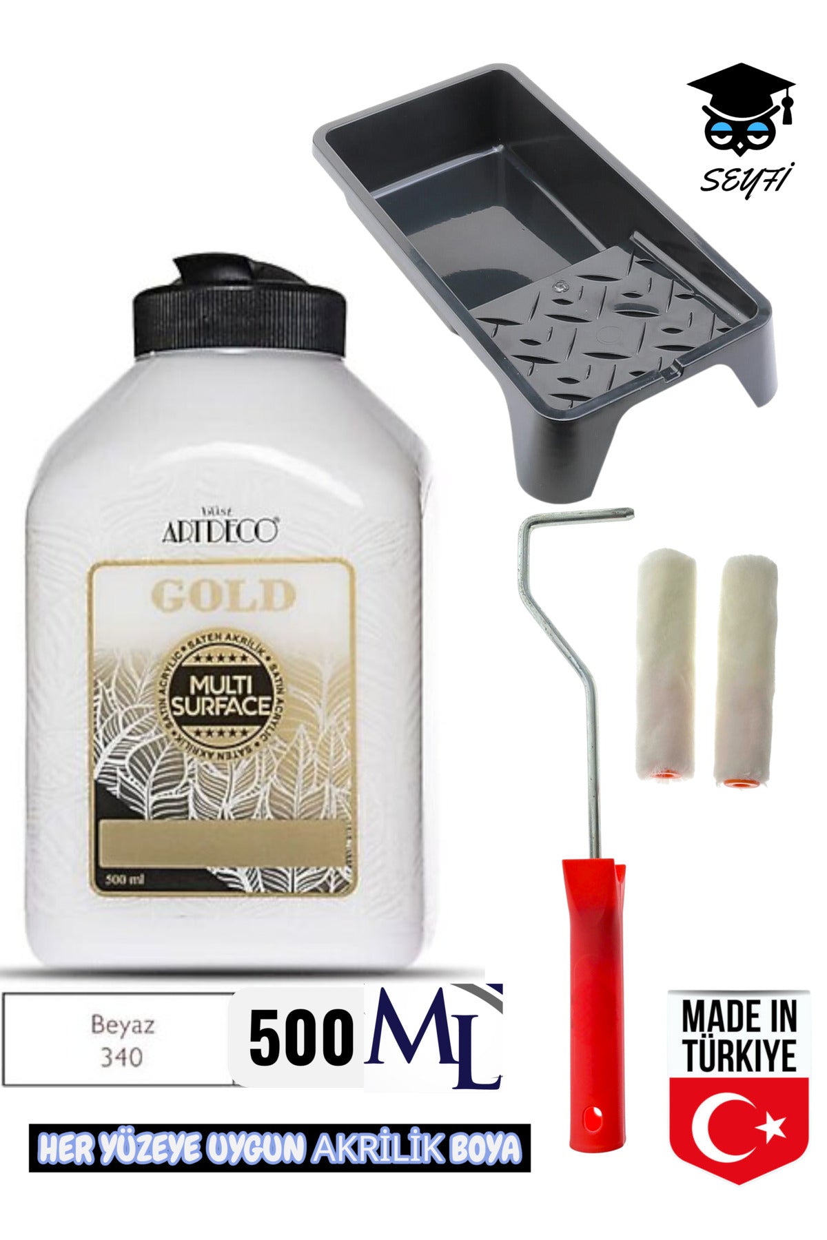 500 ml Multi Surface Akrilik boya seti her yüzeye uygun boya tavası ve rulo seti artdeco