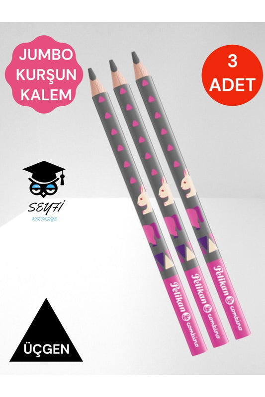 Pelikan Jumbo Üçgen Kurşun Kalem 3 Adet Combino Hayvan Desenli Başlangıç Kalemi B Derece