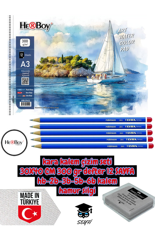 kara kalem çizim seti 30X40 CM A3 300 gr defter 12 SAYFA hb-2b-3b-5b-6b kalem hamur silgi herboy