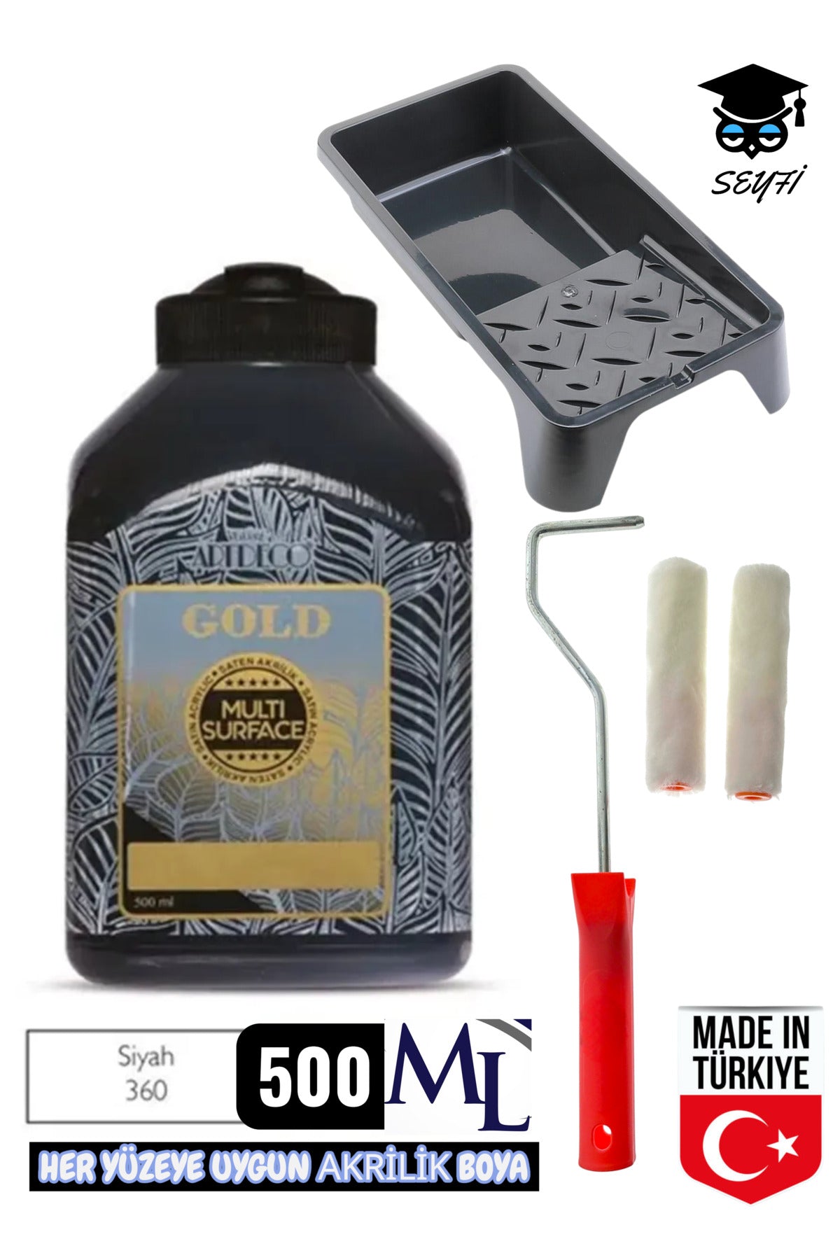 500 ml Multi Surface Akrilik boya seti her yüzeye uygun boya tavası ve rulo seti artdeco