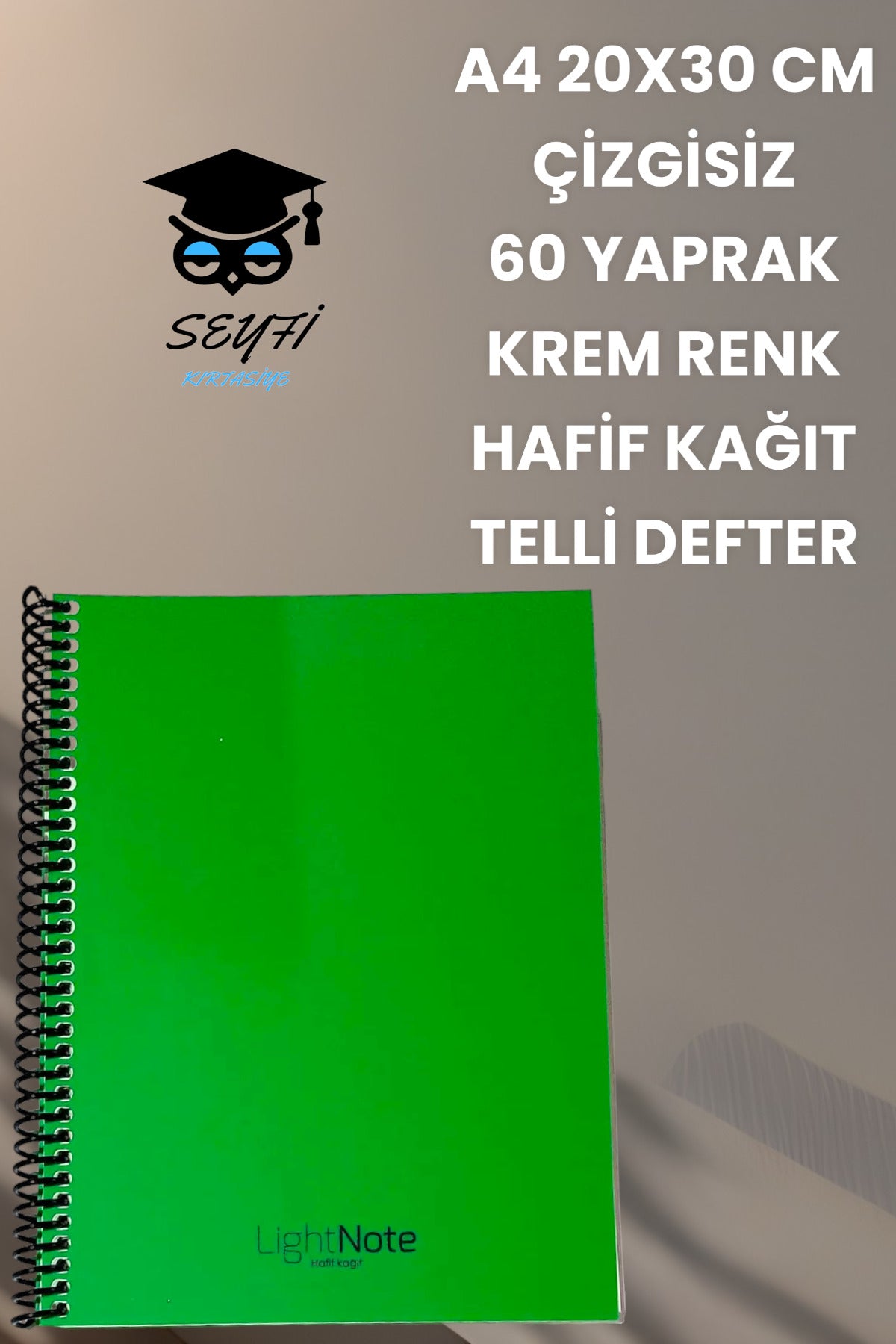 A4 20X30 CM Çizgisiz 60 Yaprak Telli Plastik Kapak Hafif Defter Light Book Krem Renk Kağıt