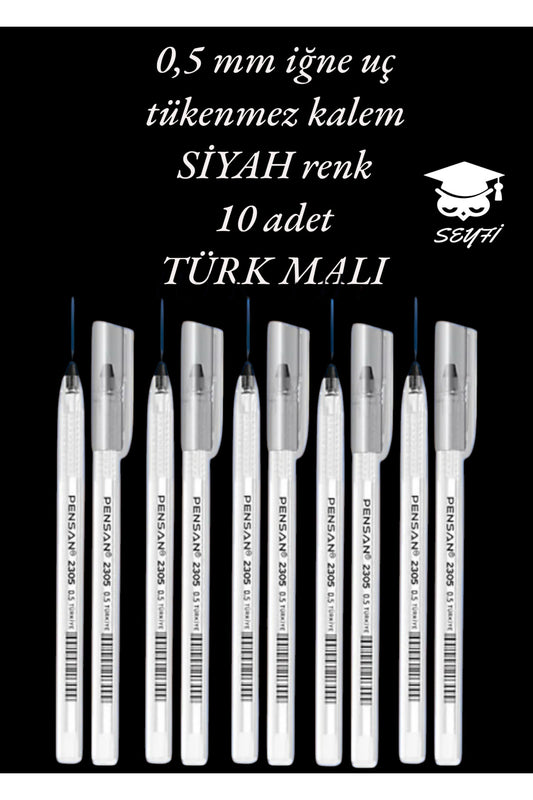 0.5 Mm Iğne Uç Siyah Tükenmez Kalem 10 Adet Yeni Seri Yeni Üretim Türk Malı Pensan 2305 Siyah