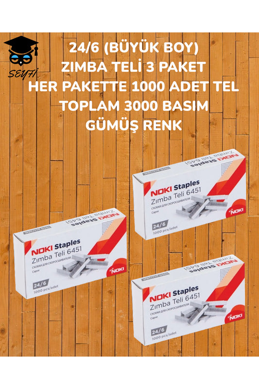 24/6 (BÜYÜK BOY) ZIMBA TELİ 3 PAKET HER PAKETTE 1000 ADET TEL TOPLAM 3000 BASIM GÜMÜŞ RENK NOKİ