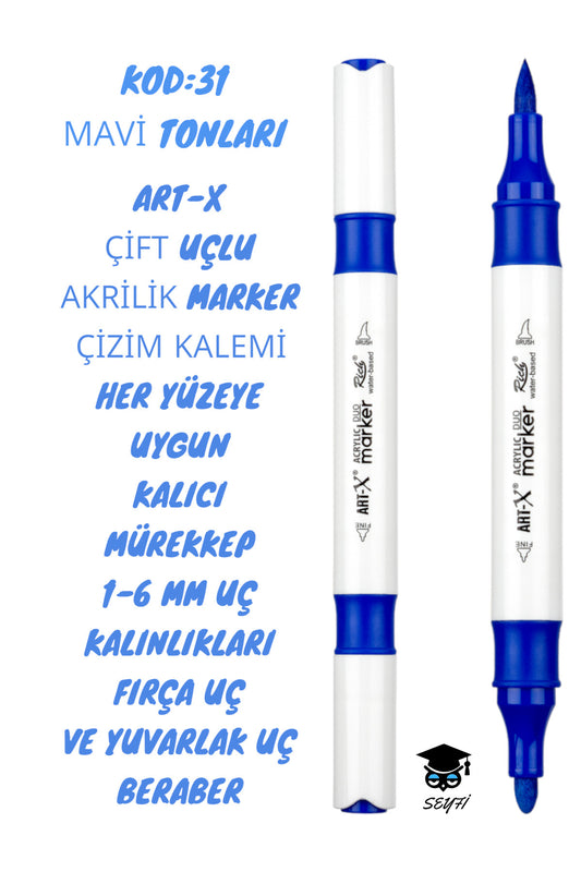 ART-X ÇİFT UÇLU AKRİLİK MARKER ÇİZİM KALEMİ HER YÜZEYE UYGUN KALICI MÜREKKEP 1-6 MM UÇ KALINLIKLARI