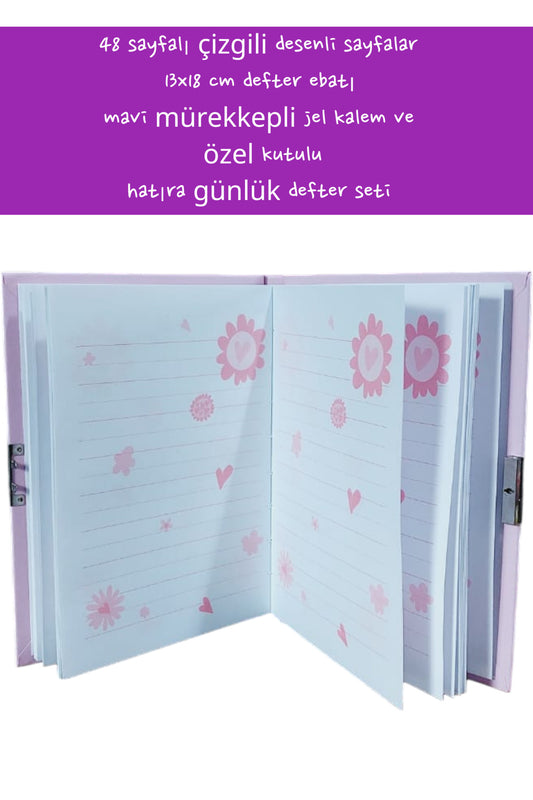 48 sayfalı çizgili desenli sayfalar 13x18 cm defter ebatı mavi mürekkepli jel kalem özel kutulu