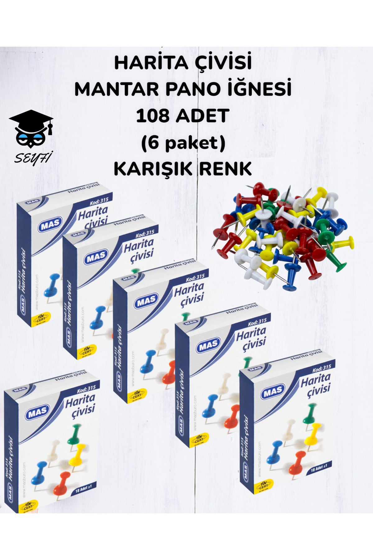 HARİTA ÇİVİSİ MANTAR PANO İĞNESİ 108 ADET (6 paket) KARIŞIK RENK