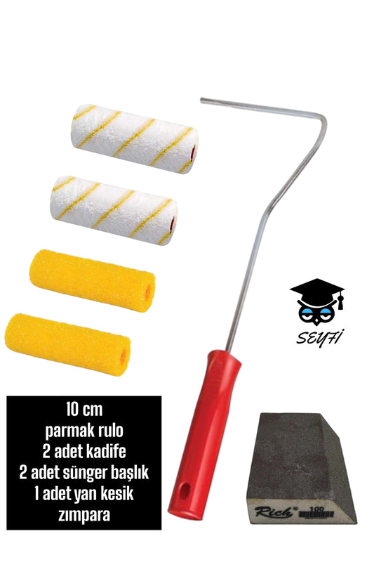 10 cm parmak rulo 2 adet kadife 2 adet sünger başlık 1 adet yan kesik zımpara