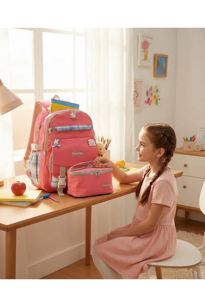 Rlx-1396 3'lü Set Çocuk İlkokul çantası Kalemlikli Beslenme Çantalı Sırt Çantası Pembe