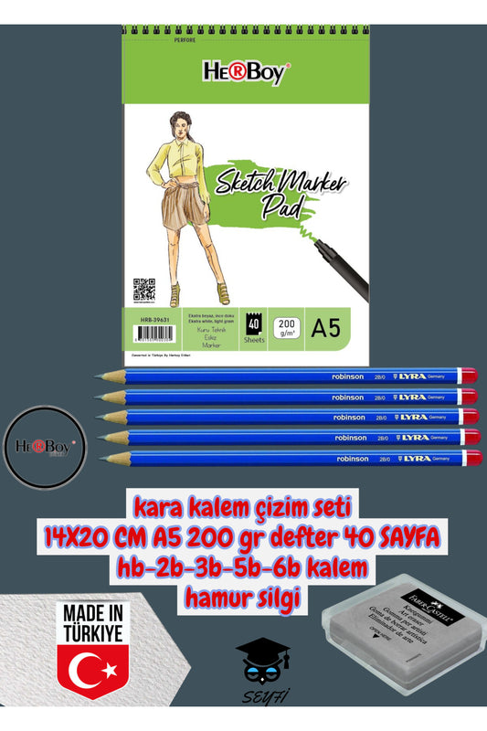 kara kalem çizim seti 14X20 CM A5 200 gr defter 40 SAYFA hb-2b-3b-5b-6b kalem hamur silgi herboy