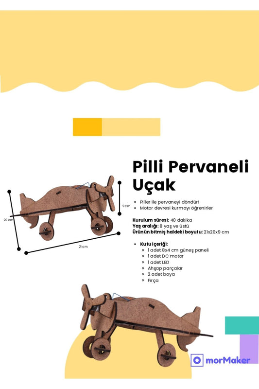 TÜRK MALI Pilli Pervaneli Uçak Ahşap Oyuncak STEM-A Eğitim Seti Çocuklar için Boyanabilir Maket
