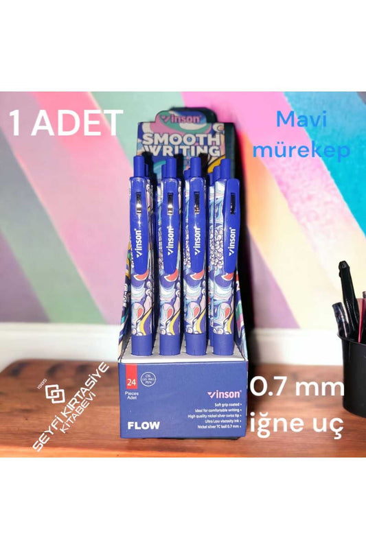 DESENLİ BASMALI MAVİ RENK JEL MÜREKKEPLİ TÜKENMEZ KALEM 1 ADET