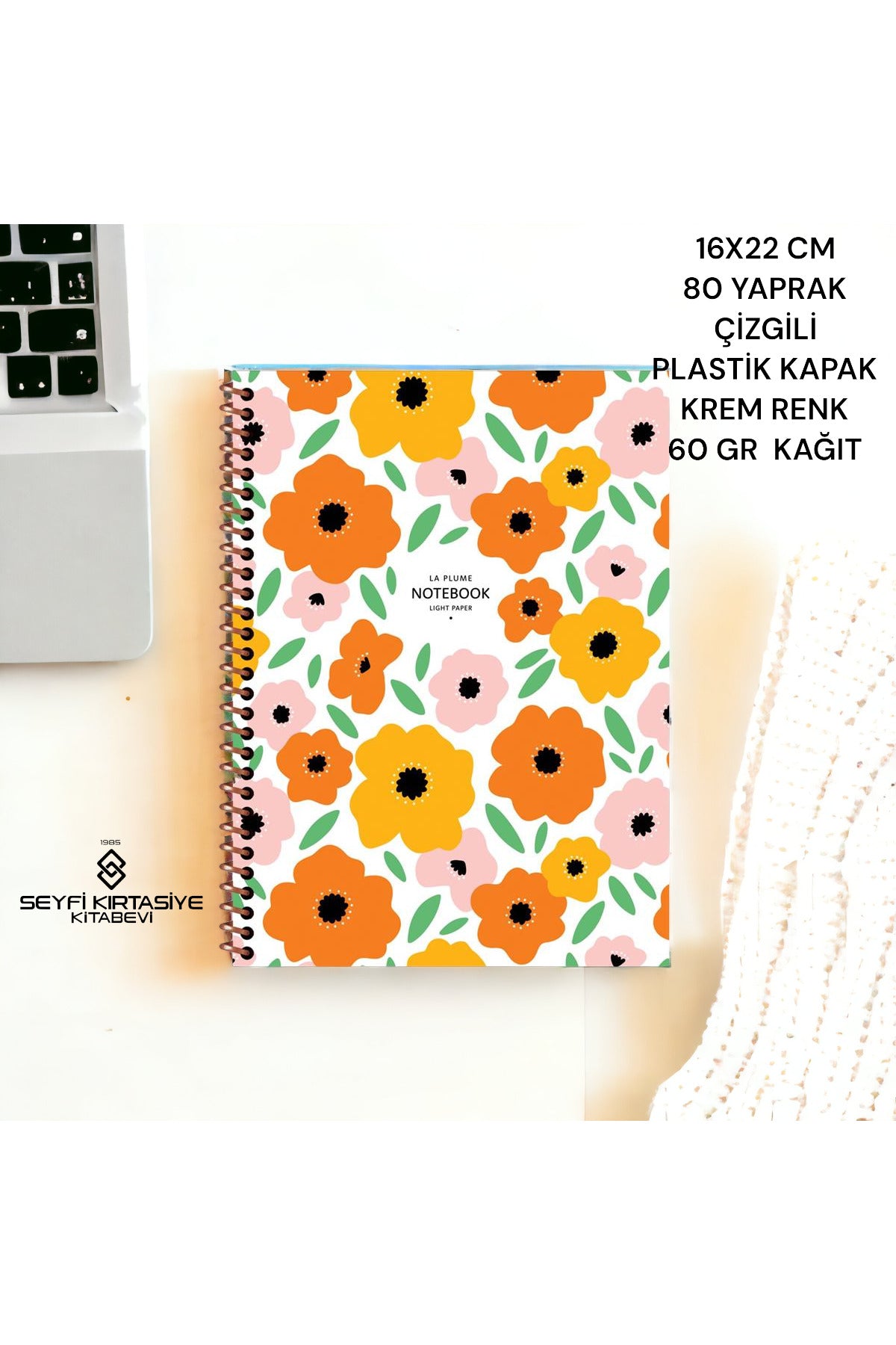 ÇİZGİLİ 16x22 CM 80 YAPRAK PLASTİK KAPAK TELLİ DEFTER KREM RENK 60 GR HAFİF KAĞIT