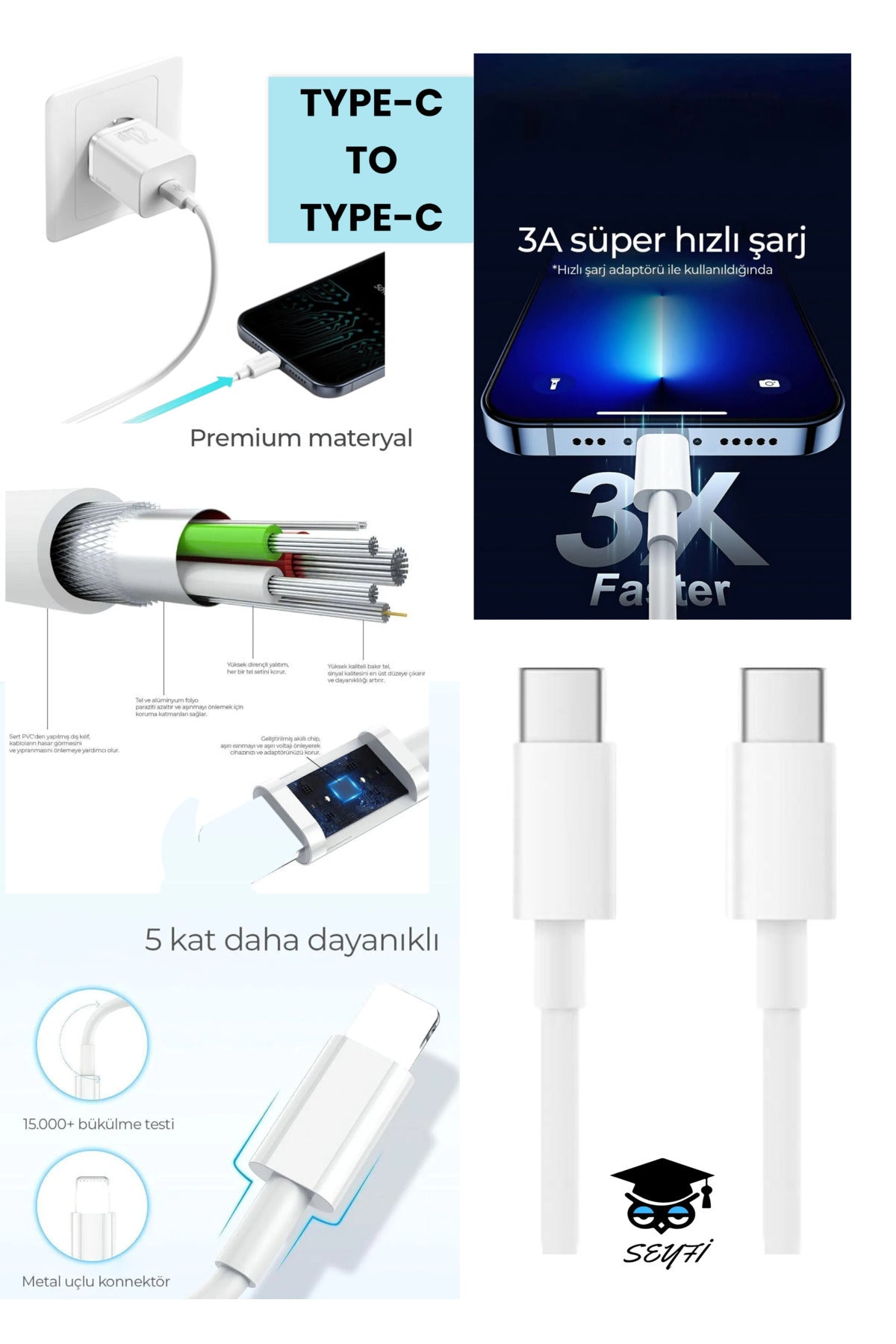 25W TYPE-C - TYPE-C şarj kablosu 1 metre 3 A AC 110-240V samsung iphone ipad şarj kablosu